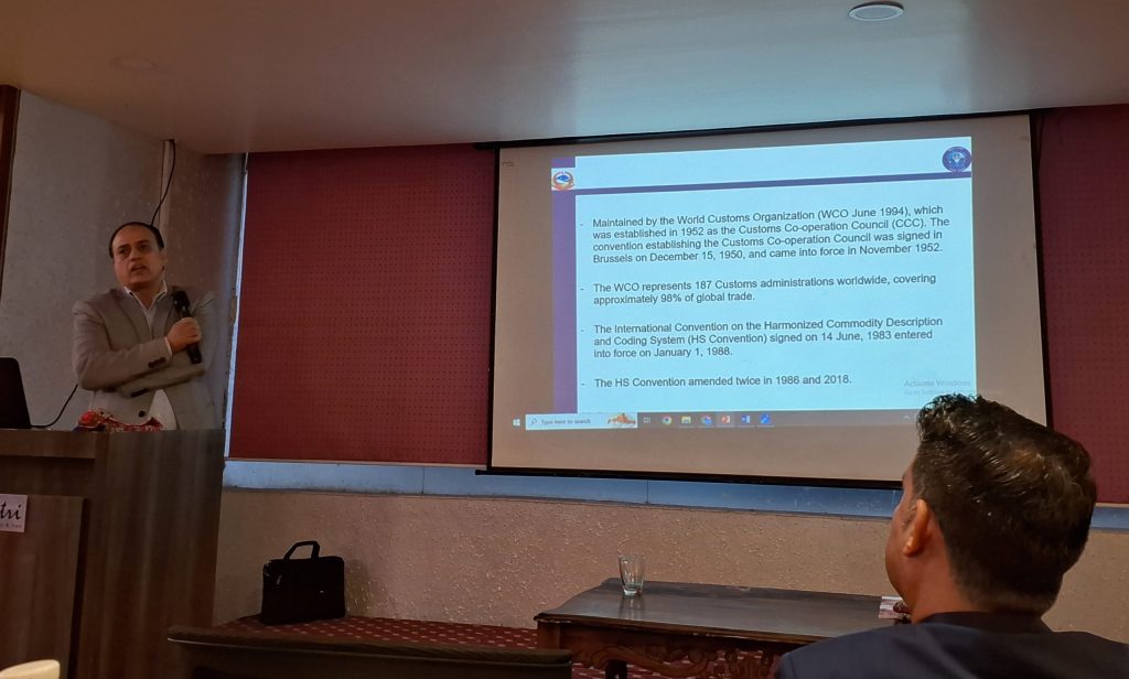Mr Min Bahadur Kunwar, senior member of Trade and Export Promotion Center providing training on HS Code.