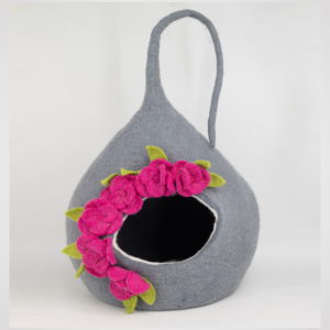 Wool Felted Cat House With Flowers