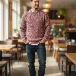 100% Pure Sheep Wool Sweater Aran Cable Knit Design